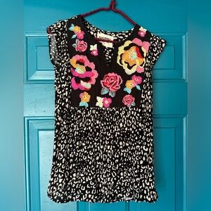 Savanna Jane embroidered top, black with bright floral accents size S